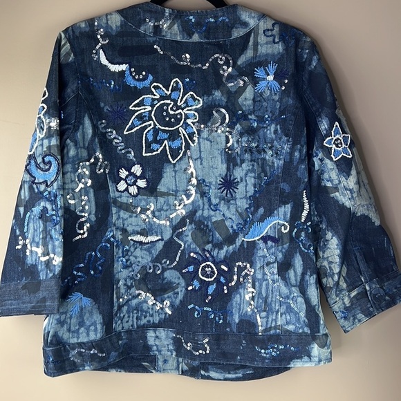Chico's Women's Blue Embroidered Beaded  Floral Batik Denim Jean Jacket - Picture 2 of 8